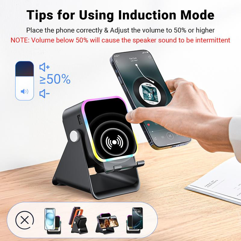 Wireless Induction Audio Speaker Stand, 5In1 Cellphone Holder, 3500Mah Rechargeable Emergency Power Bank,360° Adjustable Mobile Tablet Stand with Colorful Ambient Light Gifts for Men Women