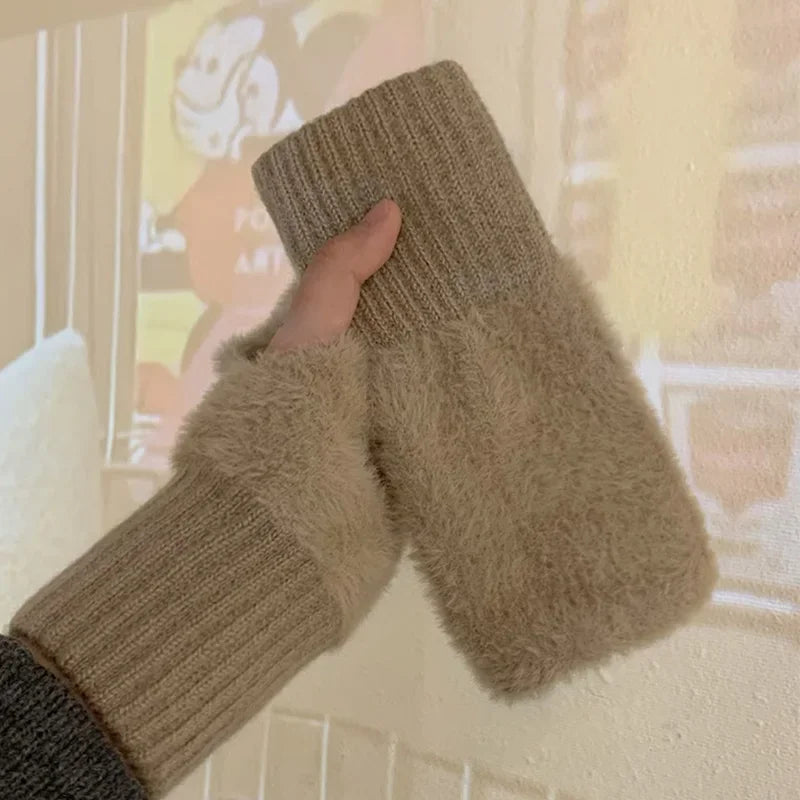Soft Winter Fingerless Gloves – Women’s Warm Plush Knitted Wrist Mittens for Writing, Touchscreens & Everyday Use