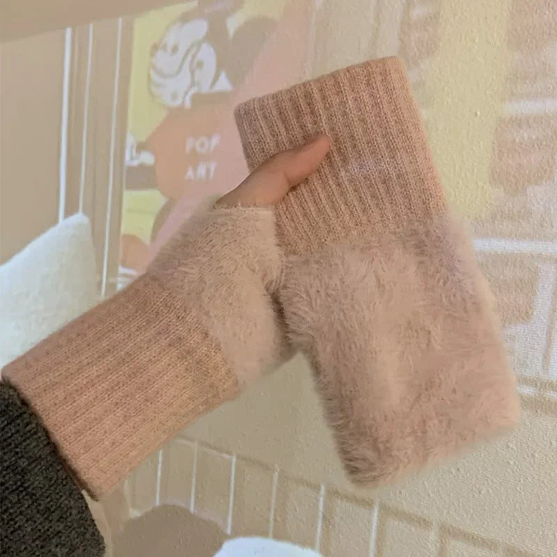 Soft Winter Fingerless Gloves – Women’s Warm Plush Knitted Wrist Mittens for Writing, Touchscreens & Everyday Use