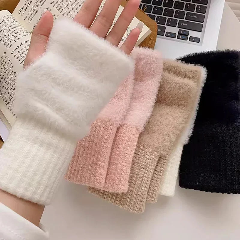 Soft Winter Fingerless Gloves – Women’s Warm Plush Knitted Wrist Mittens for Writing, Touchscreens & Everyday Use