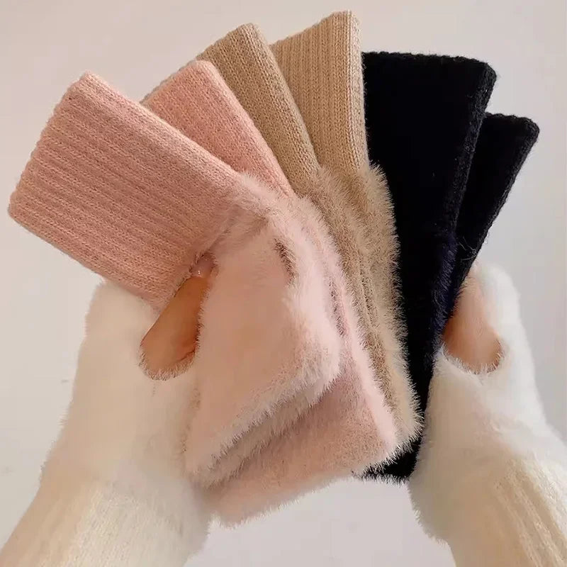 Soft Winter Fingerless Gloves – Women’s Warm Plush Knitted Wrist Mittens for Writing, Touchscreens & Everyday Use