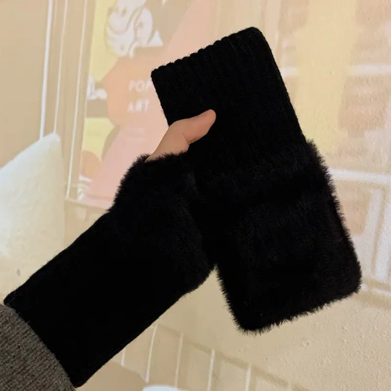Soft Winter Fingerless Gloves – Women’s Warm Plush Knitted Wrist Mittens for Writing, Touchscreens & Everyday Use