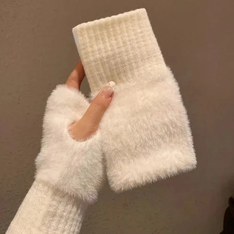 Soft Winter Fingerless Gloves – Women’s Warm Plush Knitted Wrist Mittens for Writing, Touchscreens & Everyday Use